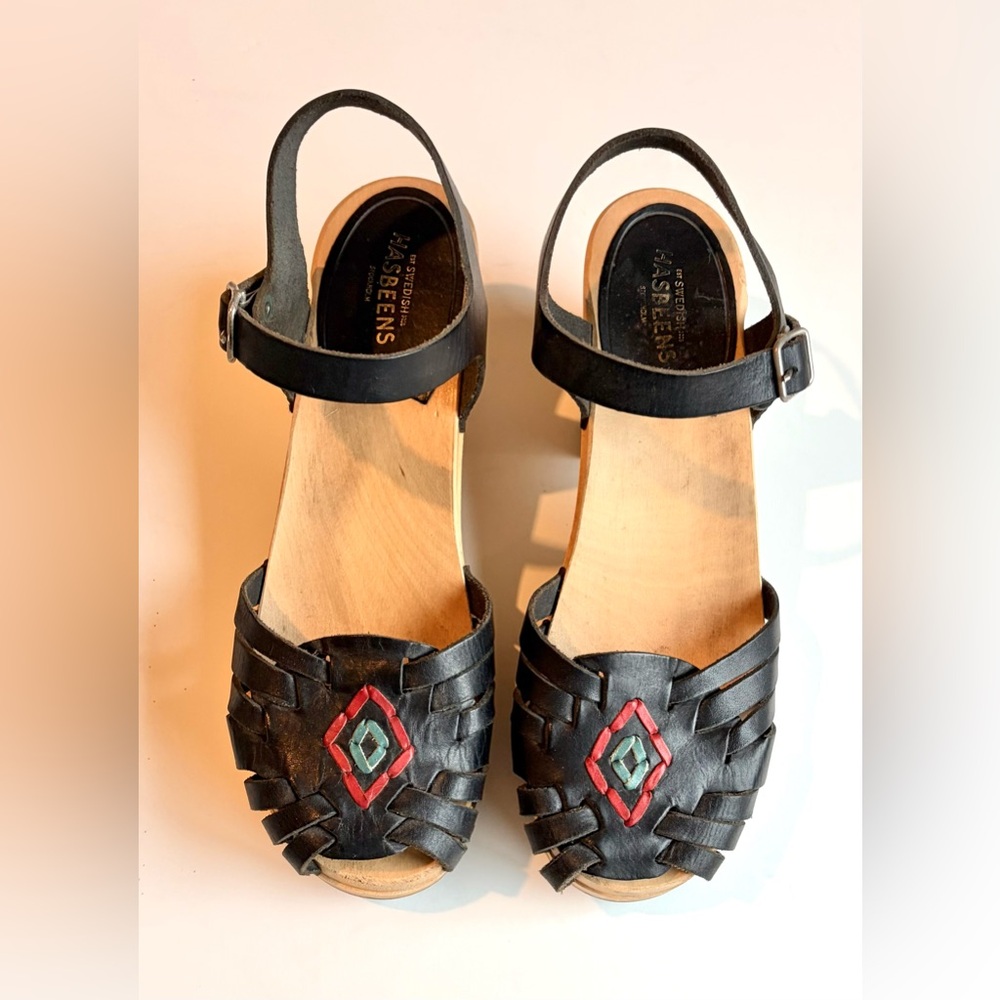 Swedish Hasbeens Black and Red Leather Sandals